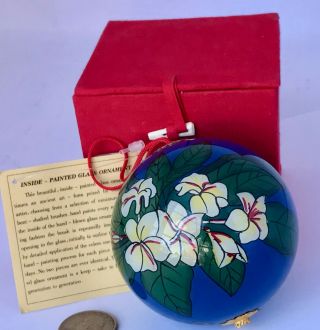 Christmas Ornament Reverse - Painted Plumeria Flowers,  Glass W Box 2.  75 "