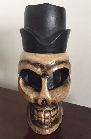 Carved Wooden - Standing Skull W/ Tophat Halloween Decor