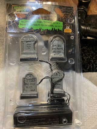 Retired Lemax Spooky Town Halloween Illuminated Tombstones Set 4 Graveyard Grave