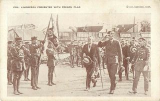 C1920s Colonel Charles Lindbergh Presented With French Flag - Aviation Postcard