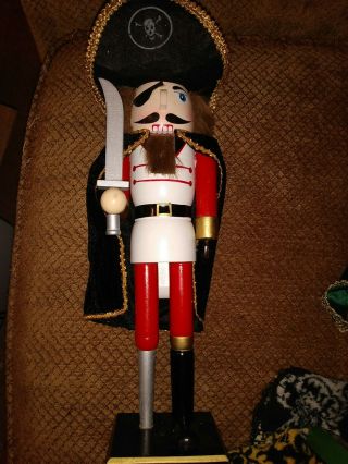 Christmas Decoration Wooden Pirate Captain W/ Hook Nutcracker 15 Inch Tall