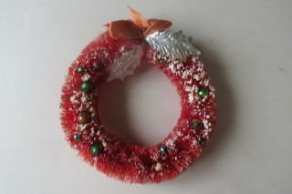 Vintage 6 " Bottle Brush Flocked Christmas Wreath - Mercury Glass Beads