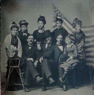 Tintype Photo Of Large Patriotic Group Posing With The American Flag Old Glory