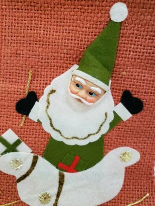 Vintage 1960s Burlap Stocking With Vinyl Santa Face Sleigh Merry Christmas