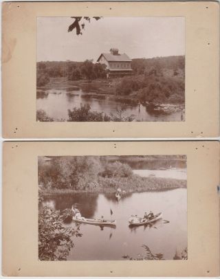 Two C 1905 Photos Yorkville Illinois Old Mill Millhurst - Fishing - Canoes