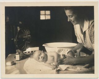 Woman Washing Baby In Wash Tub Pan Old Fan 1920 