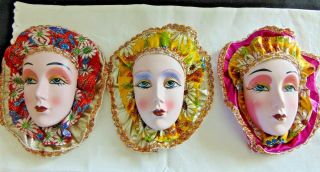 Vintage Three Ceramic Mardi Gras Face Masks Wall Décor Fabric Frame/hand Painted