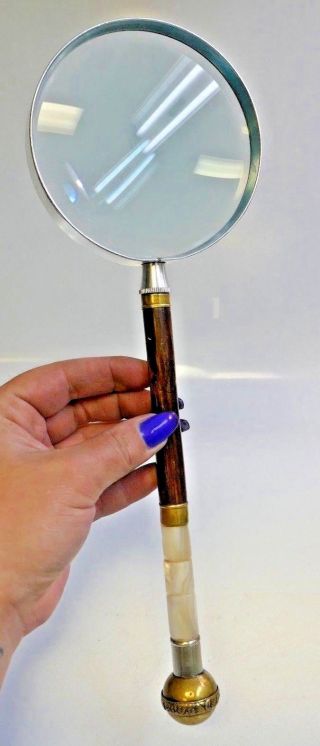 Large Vintage Magnifying Glass - Mother Of Pearl,  Bamboo,  & Brass