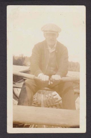 Man Rustic Wooden Rowboat Woodland Lake Old/vintage Photo Snapshot - M182