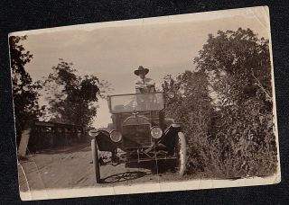 Antique Vintage Photograph Man Standing In Old Time Antique Car Automobile Auto