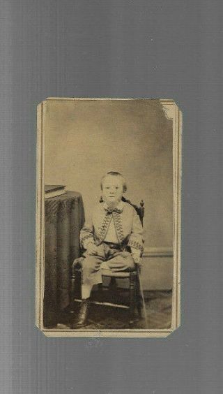 Old Cdv Photo Young Boy In Chair W Stick 1866 68 Dixon Ill Orange 2c Tax Stamp
