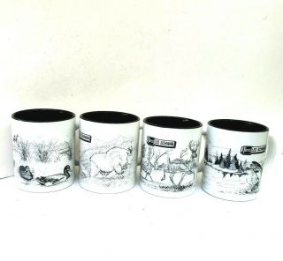 Set Of 4 Les Schwab Wildlife Coffee Mugs Cups Vintage White Black Outdoor Life
