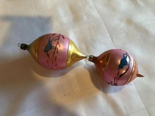 2 Antique Vintage Glass Christmas Tree Ornament Pink With Blue Bird