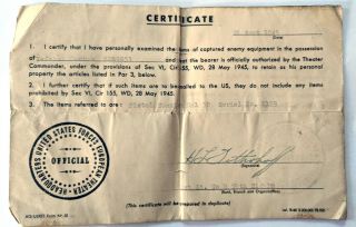 1945 Wwii Certificate Captured Enemy Equip.  - Pistol Spanish Cal 32 - Ser.  1159