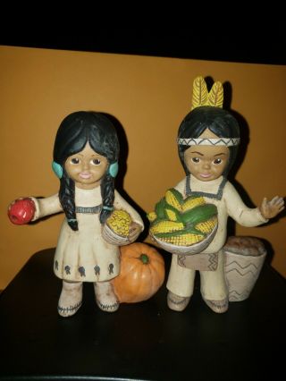 Vintage Indian Boy And Girl Ceramic Figurines 5.  5 " Thanksgiving Decor Harvest