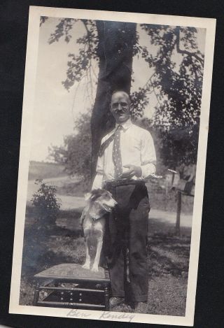 Old Vintage Antique Photograph Man In Yard With Puppy Dog Standing On Table
