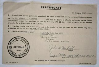 Vintage 1945 Wwii Certificate For Captured Enemy Equipment Edward Piechocki P - 38