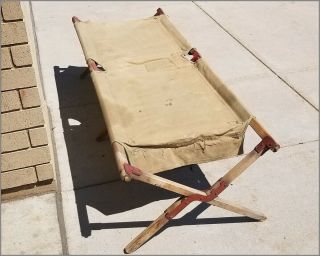Vintage WWII 1943 U.  S.  A.  Military Wooden Frame Folding Cot /Tent Bed 1 2