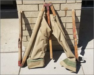 Vintage WWII 1943 U.  S.  A.  Military Wooden Frame Folding Cot /Tent Bed 1 3
