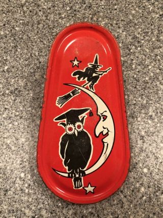 Vintage Halloween Tin Litho Noise Maker Witch/moon/owl