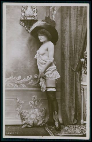 French Nude Woman Big Hat Fashion C1910 - 1920s Old Rppc Photo Postcard