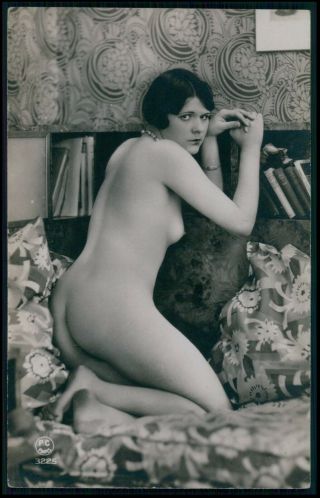 French Nude Woman On Bookshelf Punished Old 1920s Photo Postcard