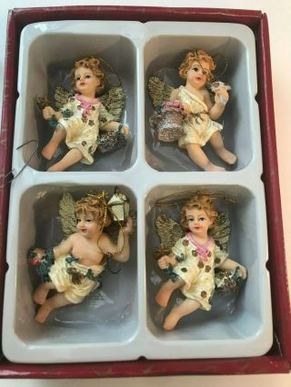 4 Angel Cherub Christmas Ornaments,  White With Gold Accents,