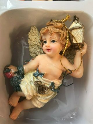 4 Angel Cherub Christmas Ornaments,  white With Gold Accents, 3