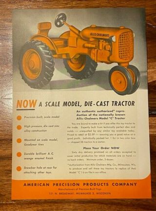 Vintage 1946 American Precision Allis Chalmers Model C Tractor Sd2 Pal Toy Ad
