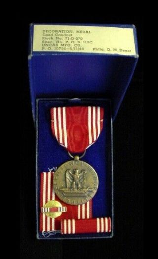 Wwii Us Army Good Conduct Medal Box Set W/ Ribbon Bar & Lapel Pin – Named