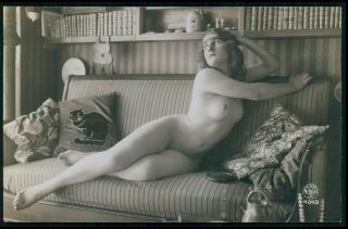 French Nude Woman The Beauty & The Bookshelf Old 1920s Photo Postcard C