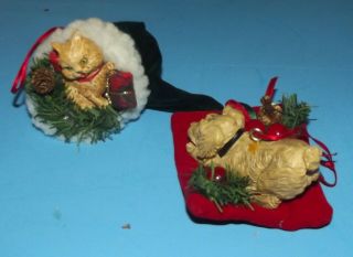 Merry Christmas 2 Animal Holiday Ornaments Puppy Dog &pillow & Kitty Cat In Hat