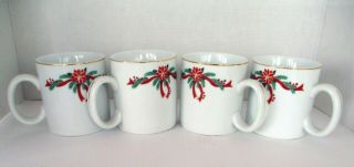 Poinsettia & Ribbons Holiday Mug Set 4 Coffee Mugs Gold Accents White Red Green