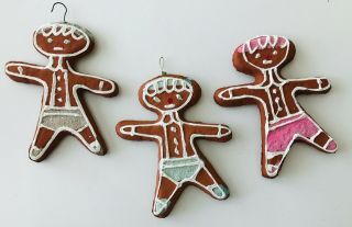 3 Vintage Gingerbread Boy Christmas Ornaments Plastic With Icing Paint & Glitter