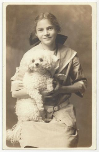 1913 Studio Real Photo,  Pretty Girl & Poodle Dog,  Lovely Pose,  Old Ohio Postcard