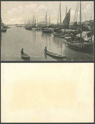 Penang Old Postcard Sungai Sungei River Scene Native Sailing Boat Canoes Harbour