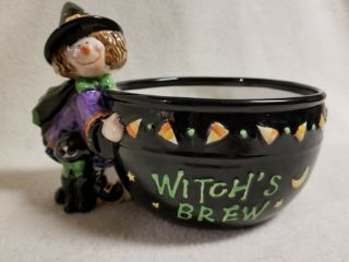 Halloween Embossed Ceramic Candy Dish Jar Bowl Trick - Or - Treat Witch Black Cat