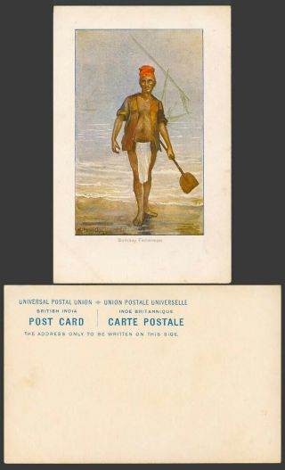 India M.  V.  Dhurandhar Signed Old Postcard Bombay Fisherman,  Beach,  Fishing Boats