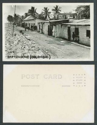 Colombia Old Real Photo Postcard Cartagena Street Scene Native Houses Palm Trees
