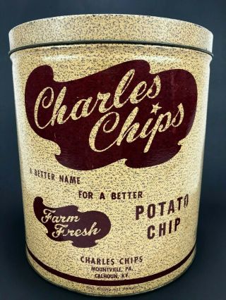 Vintage Charles Chips Advertising Tin 1 Pound Round Chip Can