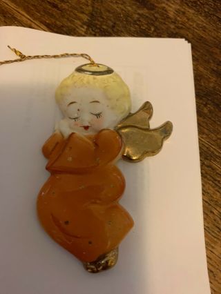 Vtg Yona Originals Angel Ceramic Hanging Christmas Ornament Orange W/ Gold Trim