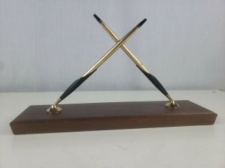 Vtg Cross Pen 1/20th 10k Gold Filled Desk Set With Wooden Base