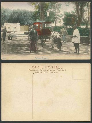Singapore Old Hand Tinted Postcard Hackney,  Horse Wagon Cart Coolie Street Scene