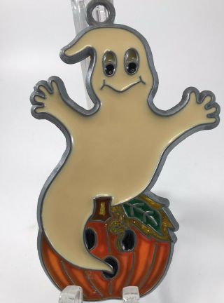Vtg Stained Glass Style Ghost Halloween / Fall Window Sun Catcher Ornament