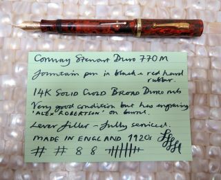 Conway Stewart Duro 770m Fountain Pen 14k Nib Black/red Hard Rubber Serviced Vgc