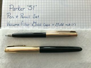 Parker 51 Vacumatic Fountain Pen & Mechanical Pencil Set 14k Gold Fill
