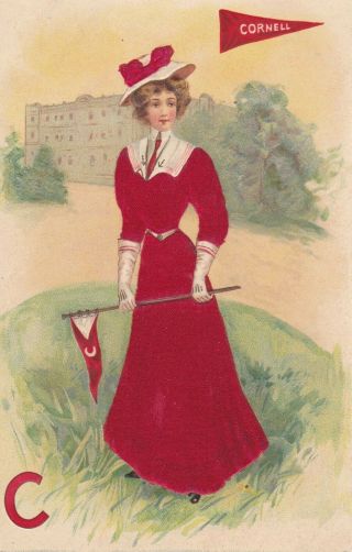 Old Vintage Cornell University Postcard Wears Red Silk Dress Ithaca Ny