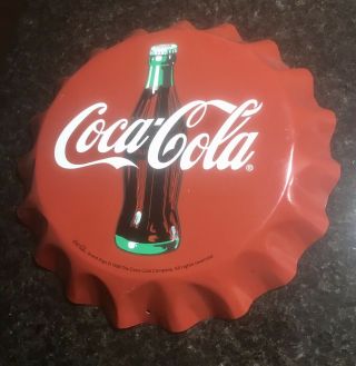 Coca - Cola Large Bottle Cap Steel Sign Red With White Logo 1998