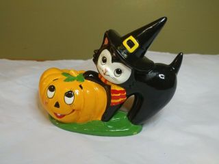 Vintage Left On Halloween Candleholder Cute Black Cat And Pumpkin