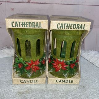Vintage Christmas Green - Flocked Cathedral Candle Holders Box